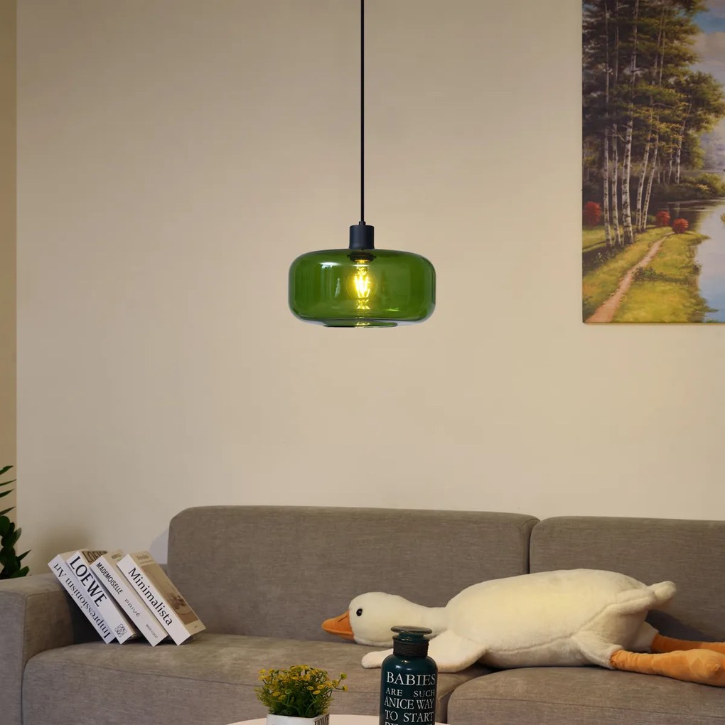 Retro závesné svietidlo čierne so zeleným sklom - Bizle