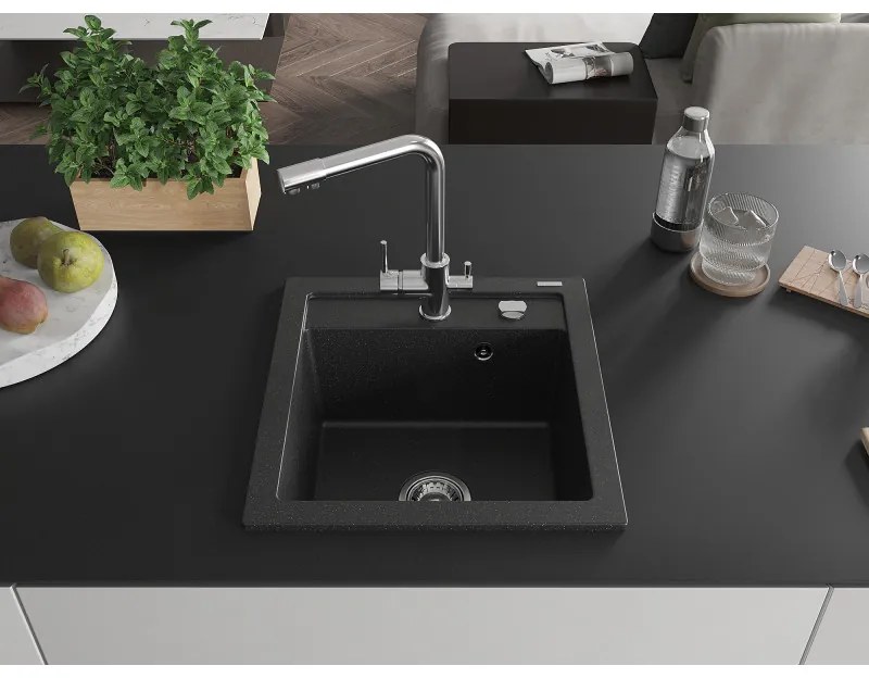 Mexen Vito, 1-komorový granitový drez 520x490x210 mm, chrómová batéria Duero, čierna - strieborná metalíza, 6503-73-671600-00