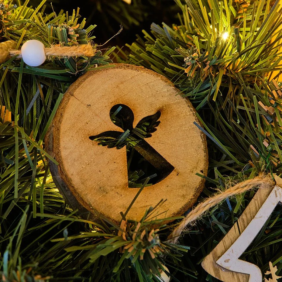 DECOLED Závěsná dřevěná dekorace, anděl v kolečku, 7 cm