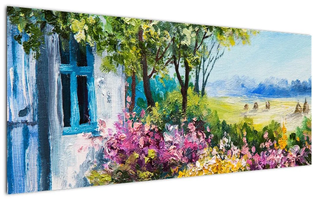 Obraz záhradky pred domom, olejomaľba (120x50 cm)