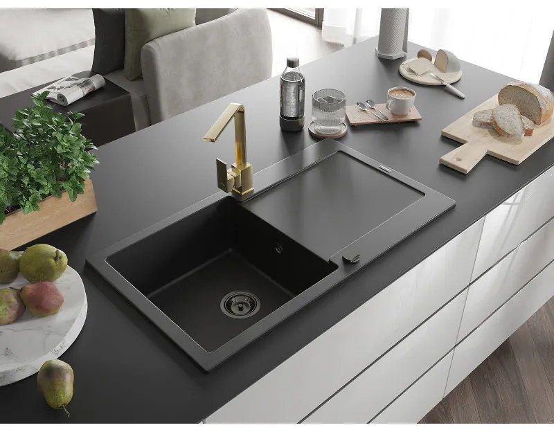 Mexen Leo, drez granitový 900x500x190 mm, 1-komorový, čierna s čiernym sifónom a zlatá drezová batéria Rita, 6501-77-670300-50-B