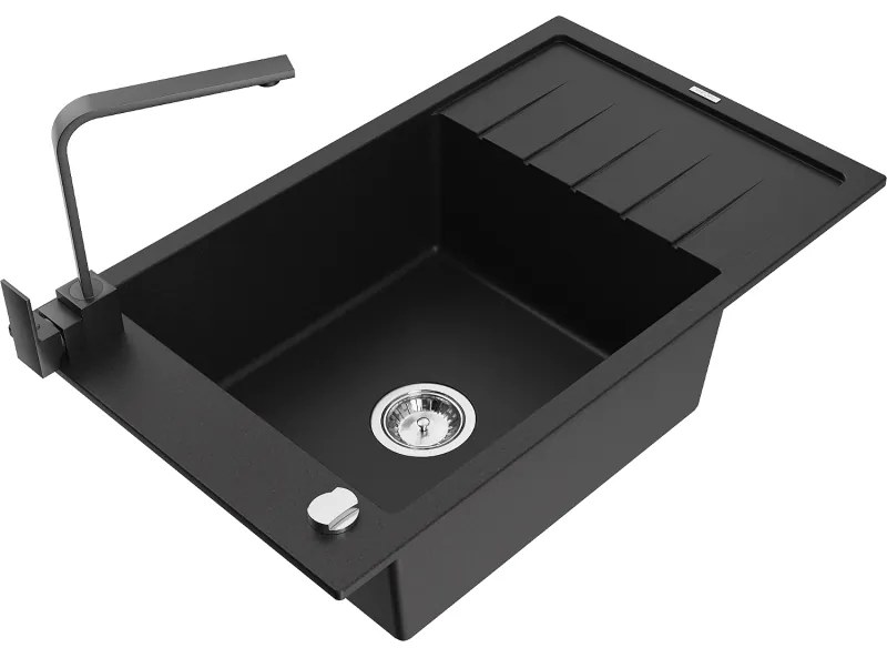 Mexen Elias, granitový drez granitový 795x480x200 mm, 1-komorový, čierna s chrómovým sifónom a čierna drezová batéria Rita, 6511-77-670300-70
