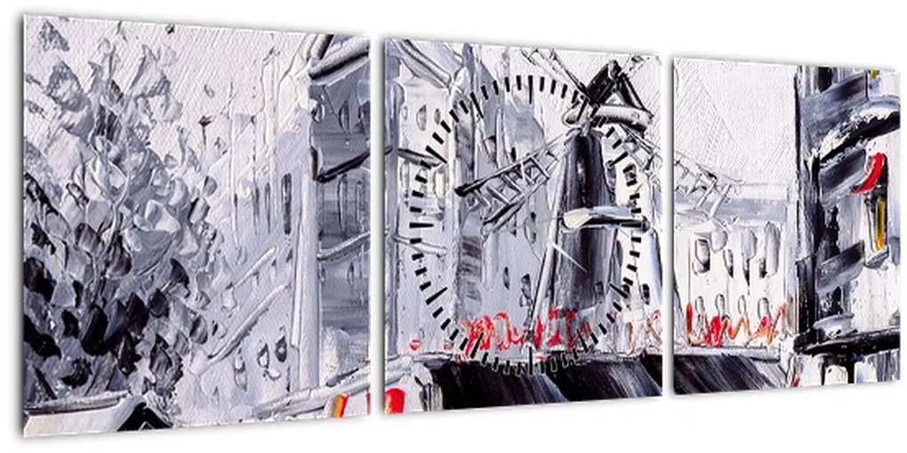 Obraz - Ulica v Paríži, olejomaľba (s hodinami) (90x30 cm)
