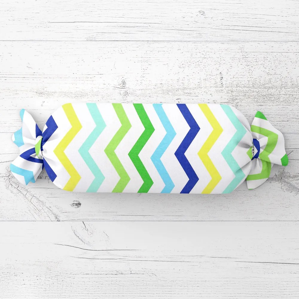 Biante Vankúš valec bonbon Sandra SA-378 Zeleno-modro-žlté cik-cak pásiky 15x40 cm