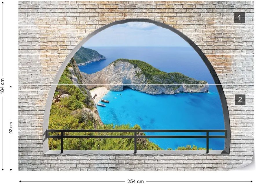GLIX Fototapeta - Greece Island Beach Window View Vliesová tapeta  - 254x184 cm