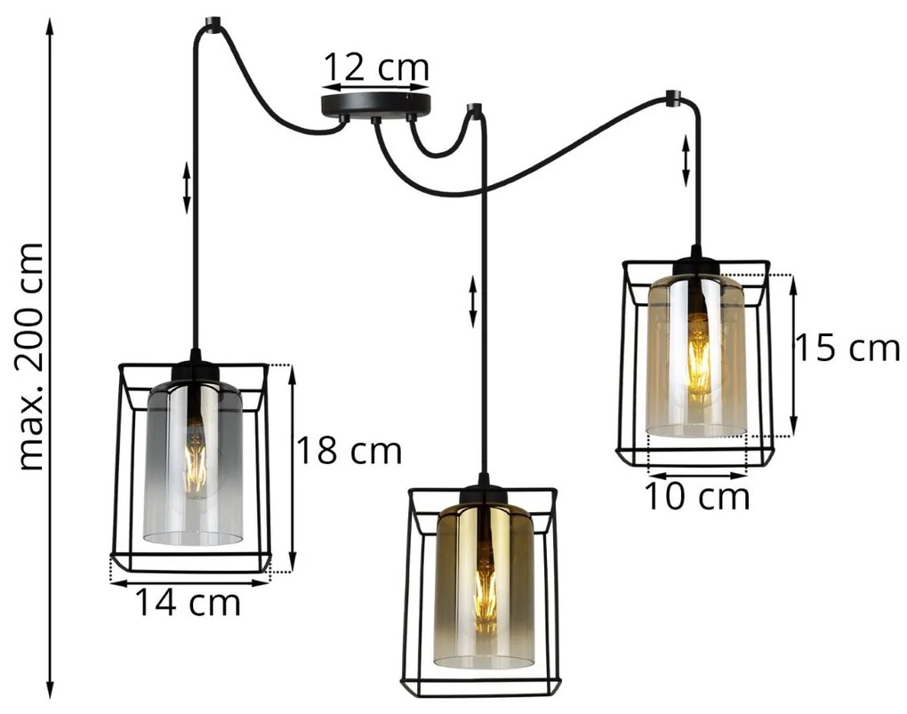 Závesné svietidlo Hella cage spider, 3x sklenené tienidlo (mix 3 farieb) v kovovom ráme