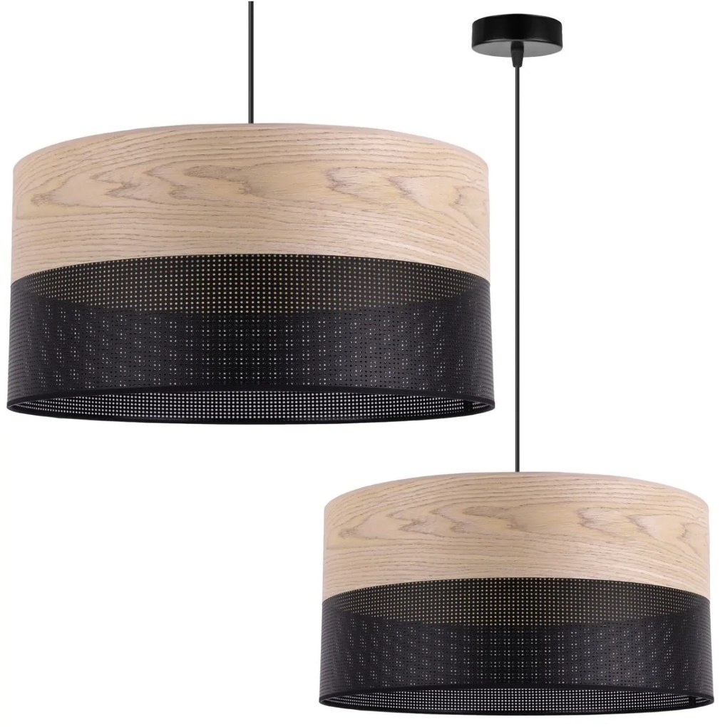 Závesné svietidlo Wood, 1x béžová dubová dýha/čierne PVC tienidlo, (fi 44cm)