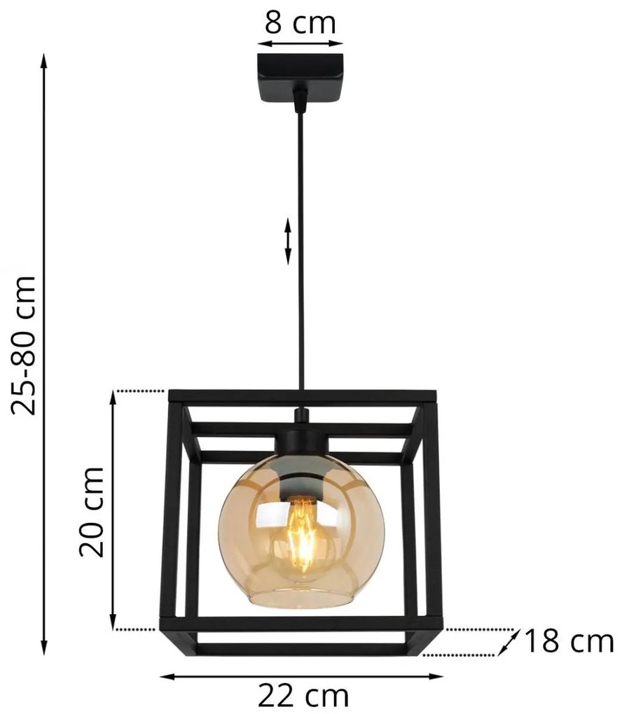 Závesné svietidlo HAGA CAGE, 1x medové sklenené tienidlo v kovovom ráme