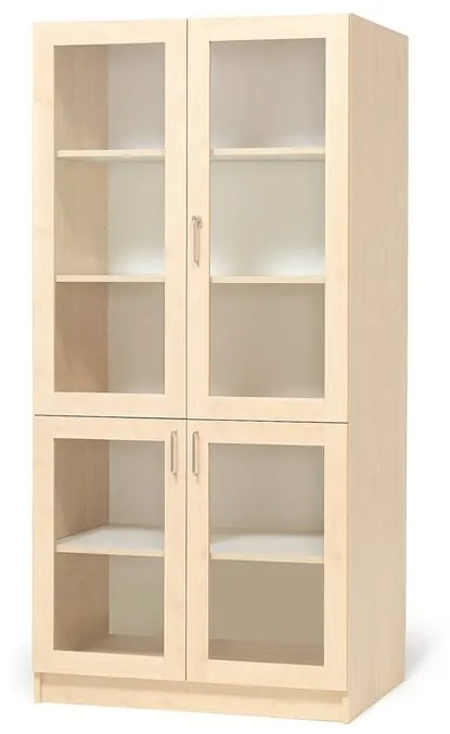 Drevená úložná skriňa THEO so 4 presklenými dverami, 1000x470x2100 mm, breza