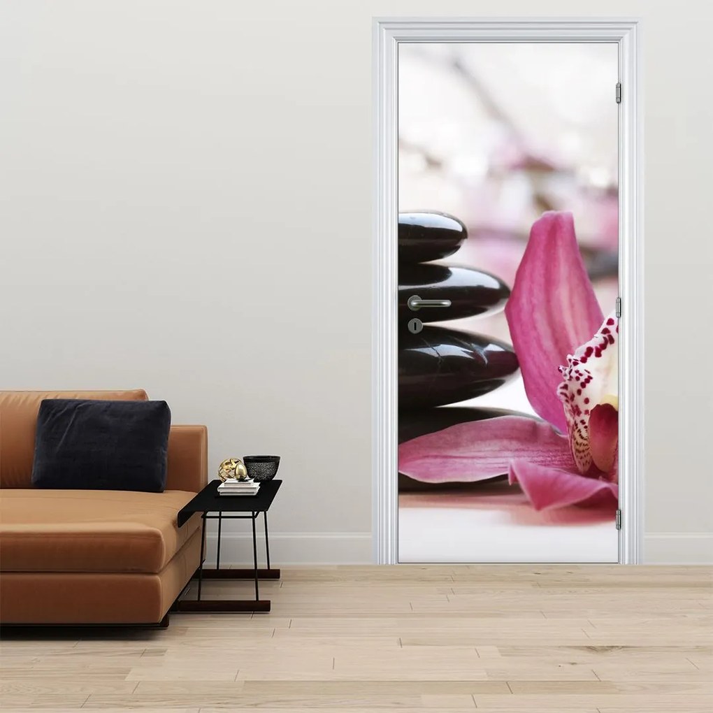 Fototapeta na dvere - Masážne kamene a orchidea (95x205cm)
