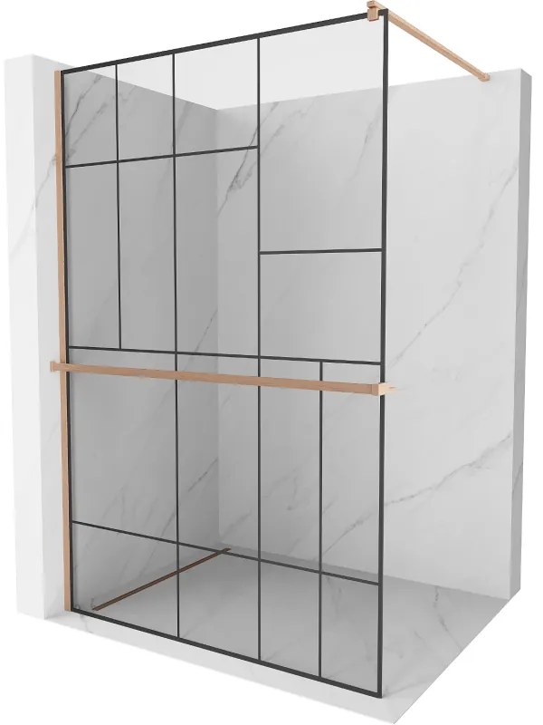 Mexen Kioto+, sprchová zástena Walk-In s poličkou a vešiakom 70 x 200 cm, 8mm číre sklo čierny vzor, medený matný profil, 800-070-121-65-78