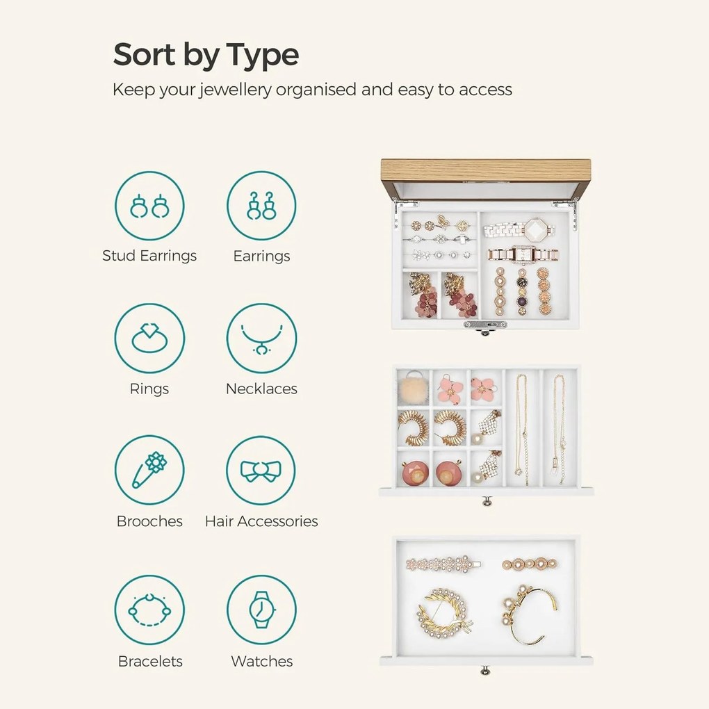 Šperkovnica 3-zásuvková so zamatovou podšívkou, biela