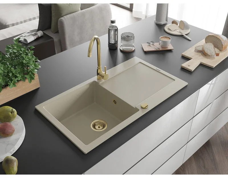 Mexen Leo, drez granitový 900x500x190 mm, 1-komorový a zlatá batéria Telma, béžová, 6501-69-670200-50
