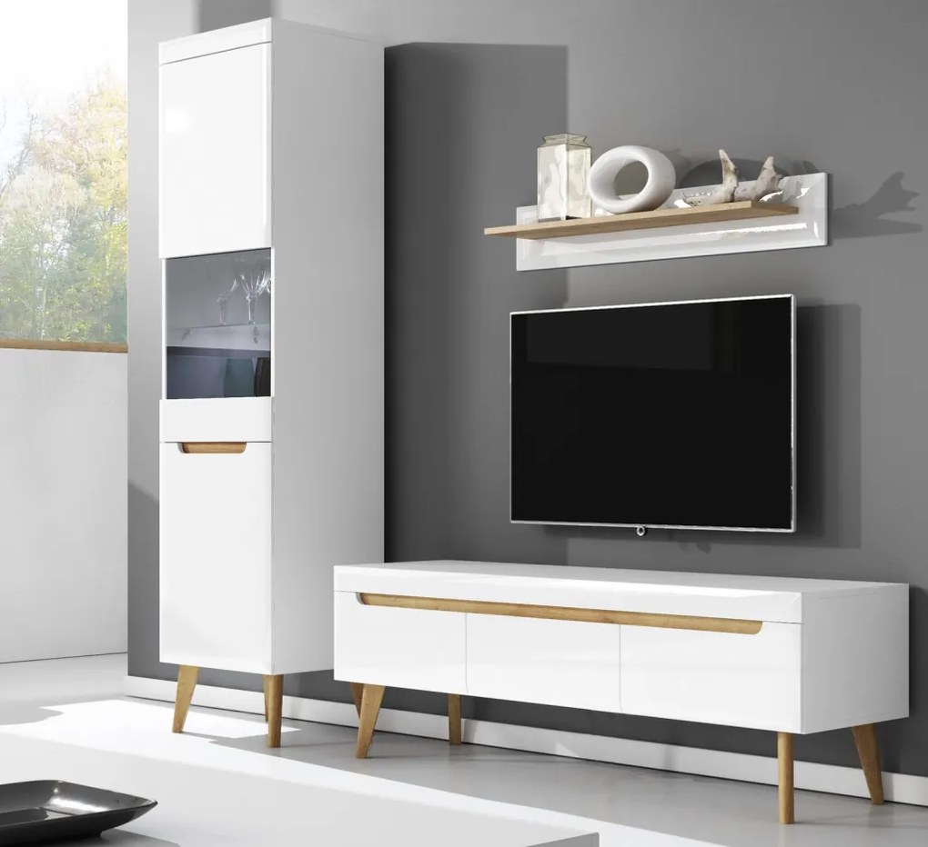 Vysoká vitrína Nordi, dub riviéra/biela lesk