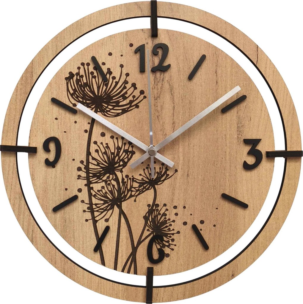 Nástenné hodiny s motívom púpava | LOTI: HDF - Javor 30 cm 4811-115544 HDF0706-ruky-silver