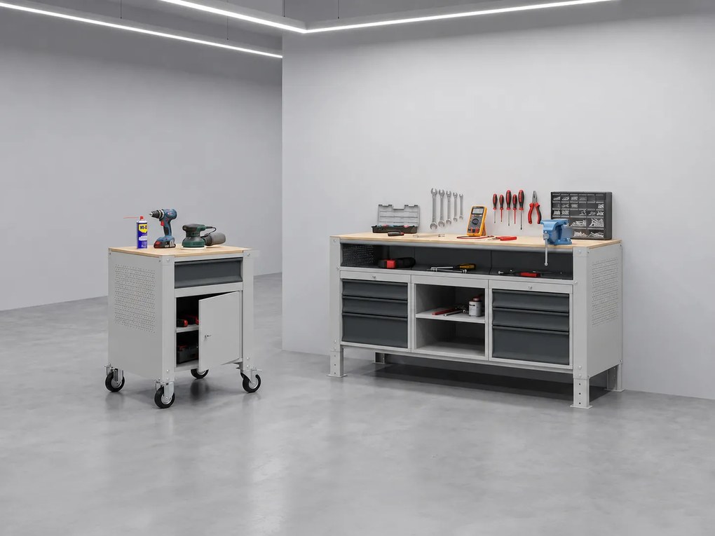 Pojazdný dielenský stôl G9, 2 skrinky, 2 zásuvky, 1180 x 595 x 865-1130 mm, sivá/grafit