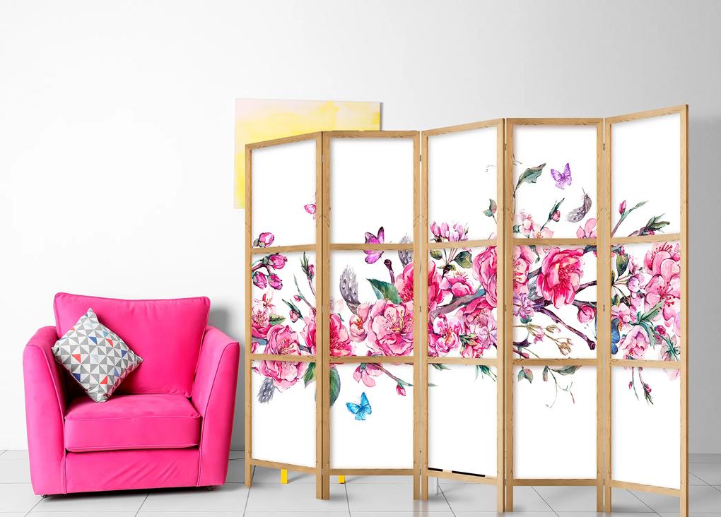 Artgeist Japonský paraván - Japanese Style: Flowers and Butterflies II [Room Dividers] Veľkosť: 225x161
