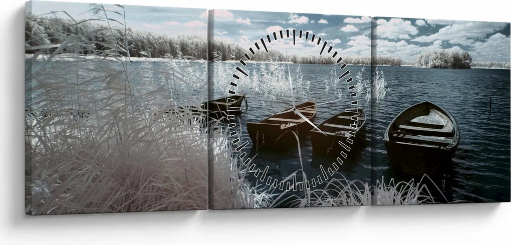 Obraz - Drevené loďky na jazere (s hodinami) (90x30 cm)