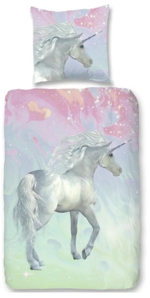 Detské bavlnené obliečky Good Morning Green Unicorn, 140 × 200 cm