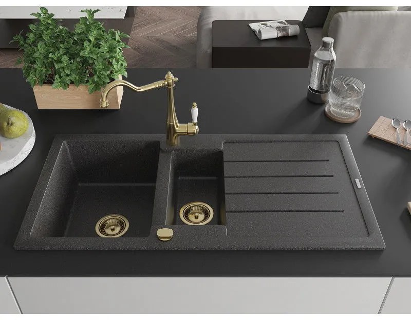 Mexen Andres, granitový drez 1000x500x200 mm, 1,5-komorový a drezová batéria Carla, čierna škvrnitá, 6515-76-670700-50