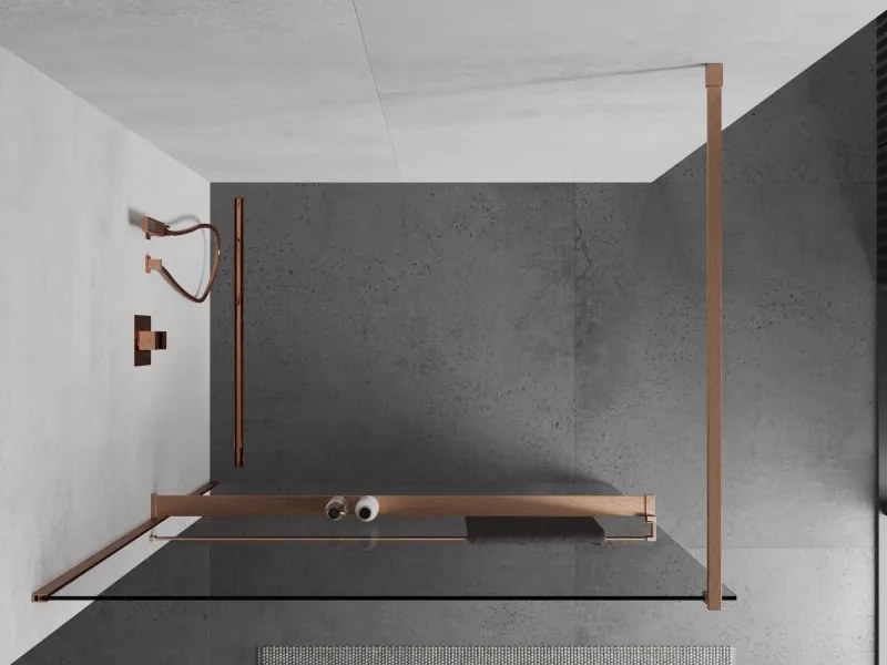 Mexen Kioto+, sprchová zástena Walk-In s poličkou a vešiakom 105 x 200 cm, 8mm číre sklo, medený matný profil, 800-105-121-65-00