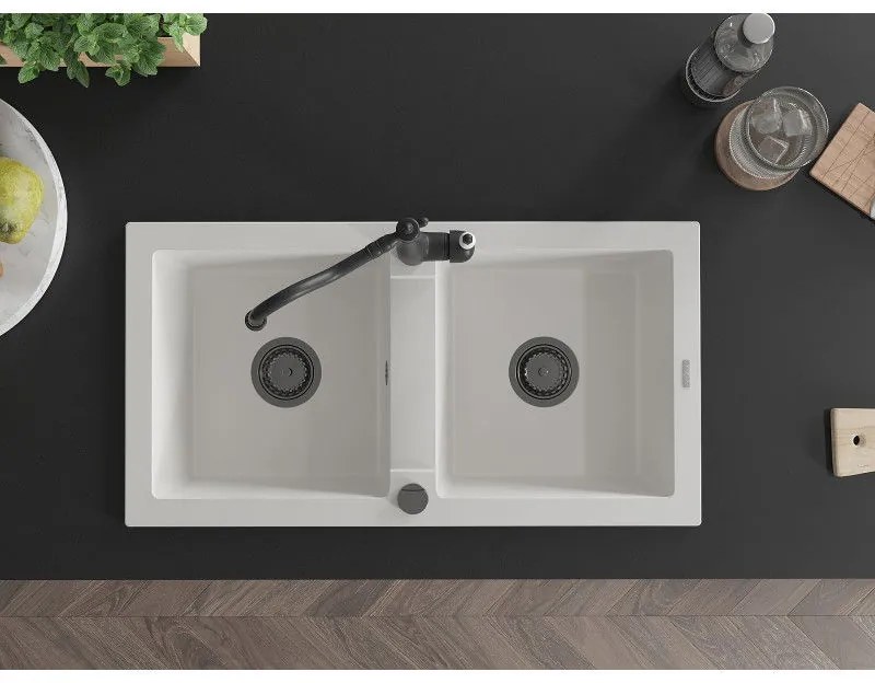 Mexen Mario, granitový drez 820x436x161 mm, 2-komorový a drezová batéria Carla, biela, 6504-20-670700-70