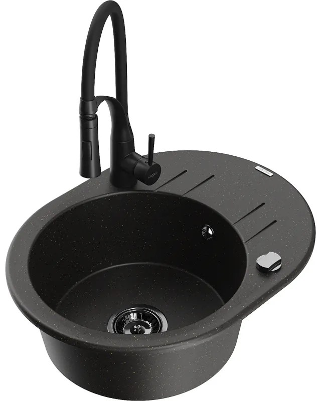 Mexen Kevin, 1-komorový granitový drez 586x458x190 mm a drezová batéria Aster, čierna-zlatá metalíza, 6517-75-73450-70-B