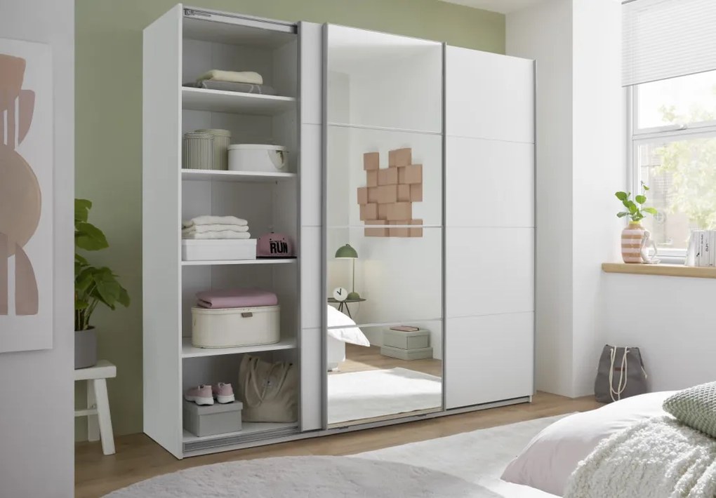 Šatníková skriňa so zrkadlom Carano, 215 cm, biela