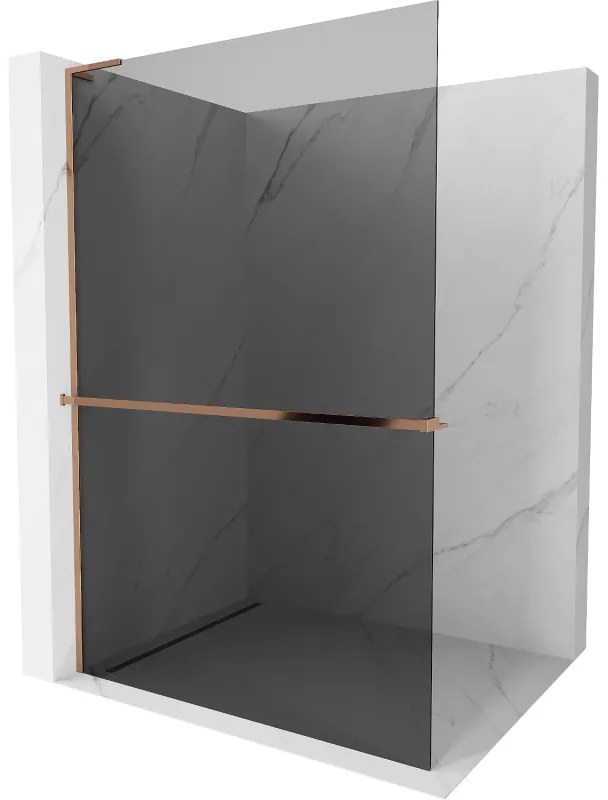 Mexen Kioto+ L, sprchová zástena Walk-In s poličkou a vešiakom 120 x 200 cm, 8mm šedé sklo, ružové zlato profil, 800-120-123-60-40