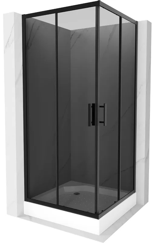 Mexen Rio, štvorcový sprchovací kút s posuvnými dverami 90(dvere) x 90(dvere) x 190 cm, 6mm šedé sklo, čierny profil + biela sprchová vanička RIO, 860-090-090-70-40-4510