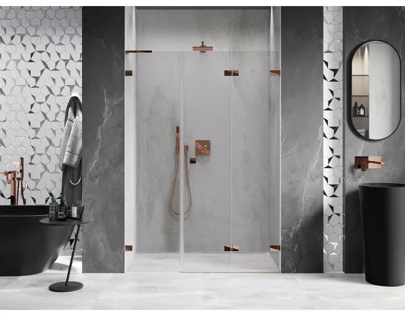 Mexen Lunar-F, L pravé skladacie sprchové dvere 115 cm, 8mm číre sklo, ružové zlato profil, 836SL-115-050-60-00-P