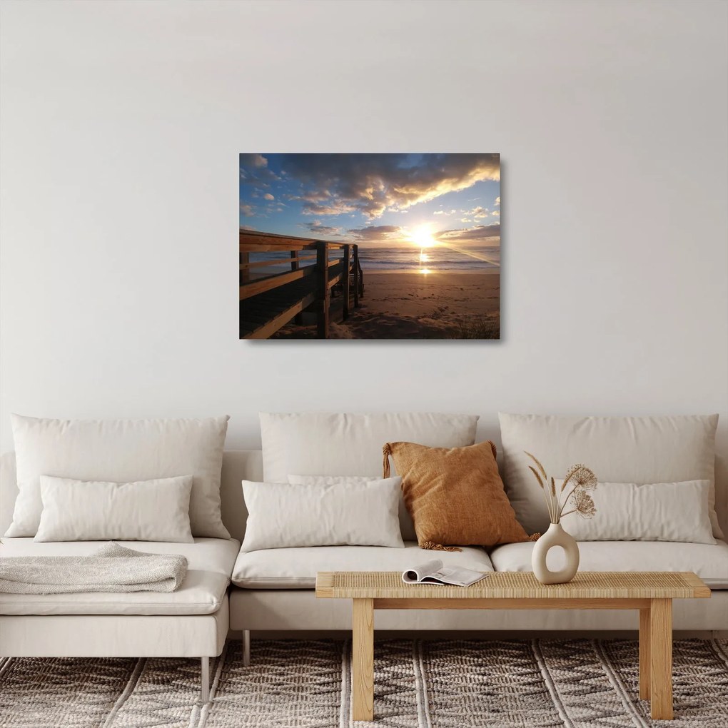 Sklenený obraz móla, pláže a more (70x50 cm)