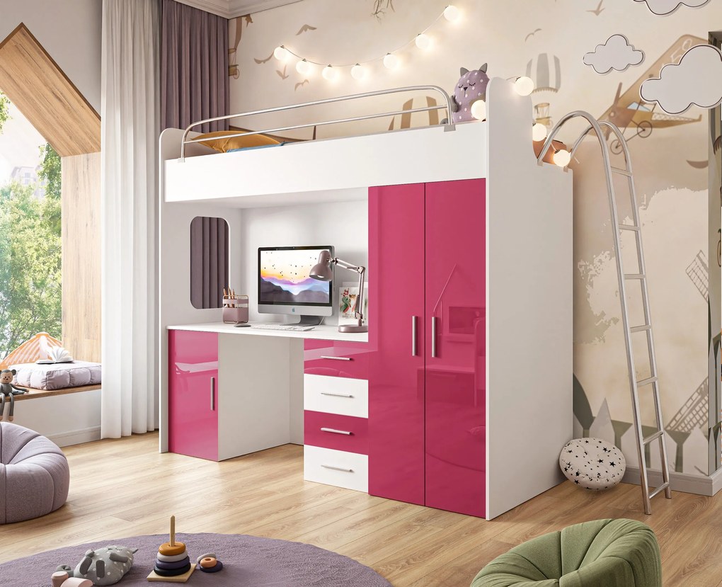 Detská poschodová posteľ DARMA II + police + skriňa + matrac  biela / ružová