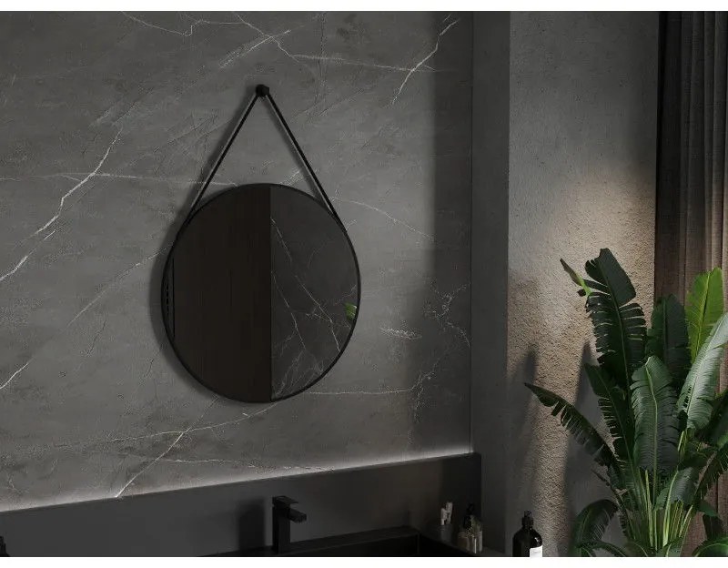 Mexen String, okrúhle kúpeľňové zrkadlo na pásiku 70 cm, farba rámu čierna matná, 9854-070-070-000-70