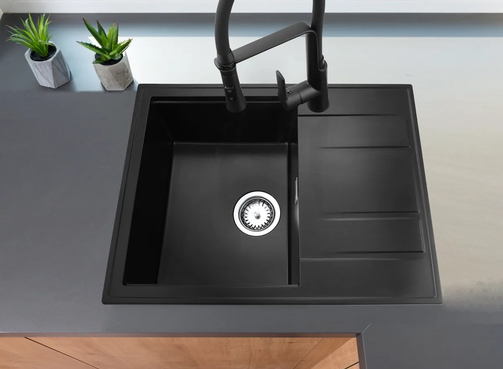 Gamma Modern 6550, 1-komorový granitový drez 650x500x210 mm s krátkym odkvapkávačom, čierna, GMA-ZLE000089