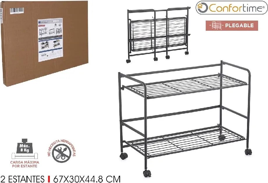 CONFORTIME 2. akosť - Pojazdný regál, skladacia polica 2 poschodová XXL - 67 x 30 x 45 cm, čierna