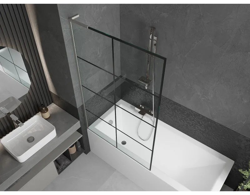 Mexen Next L, 1-krídlová vaňová zástena 100 x 150 cm, 6mm číre sklo-čierny vzor, 6mm číre sklo, profil brúsená oceľ, 895-100-000-03-77-97