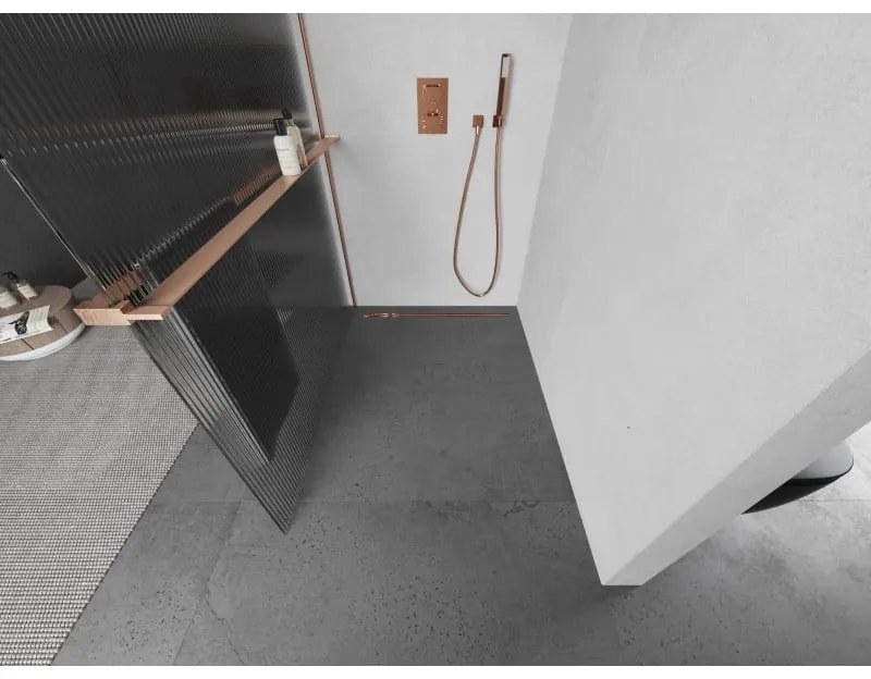 Mexen Kioto+ L, sprchová zástena Walk-In s poličkou a vešiakom 120 x 200 cm, 8mm sklo s rebrovým vzorom, medený matný profil, 800-120-123-65-09
