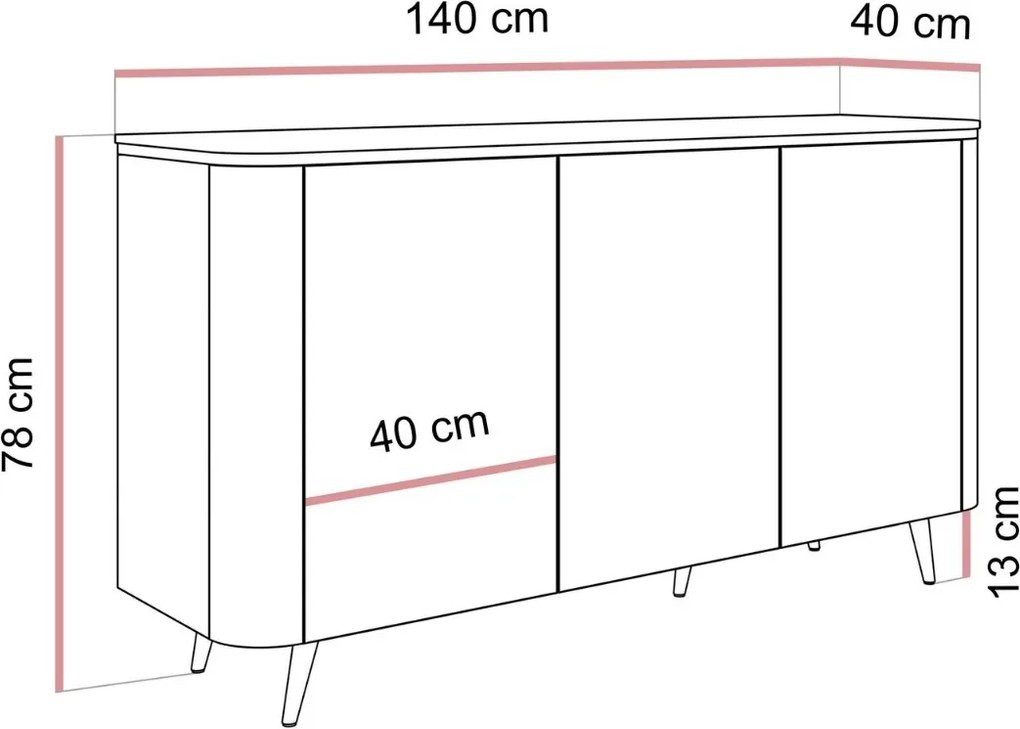 KOMODA JULIEN 3 KAŠMÍR + ZLATÁ LED 140 cm
