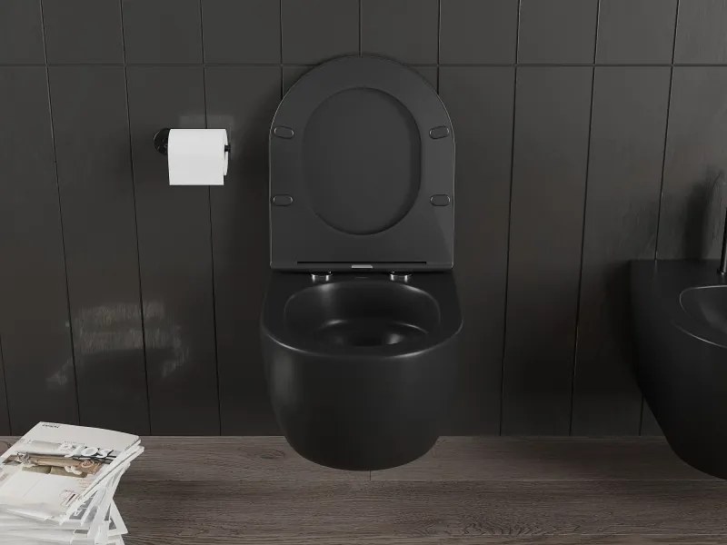 Mexen Carmen, závesná WC misa 490x365x340 mm, Rimless Tornádo + WC sedadlo z duroplastu, čierna matná, 30881085T