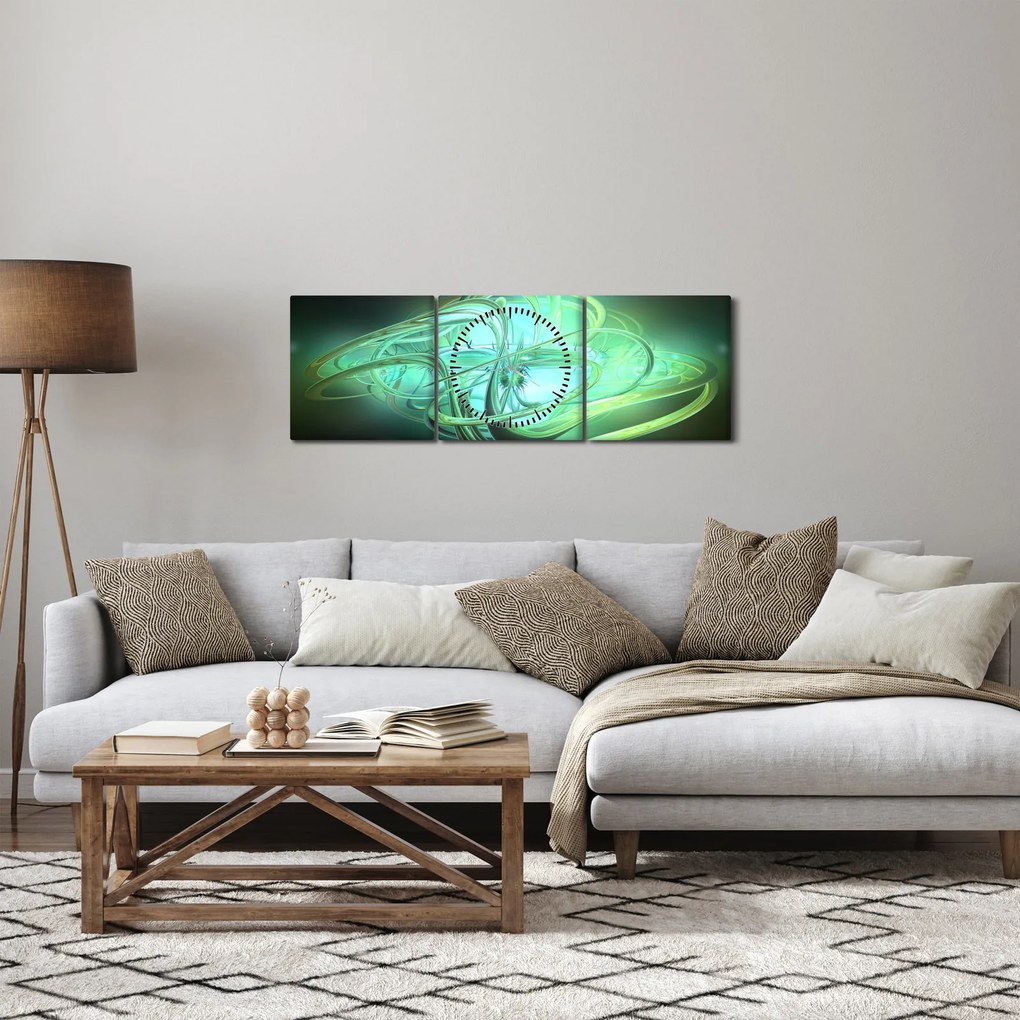 Obraz zelenej abstrakcie (s hodinami) (90x30 cm)