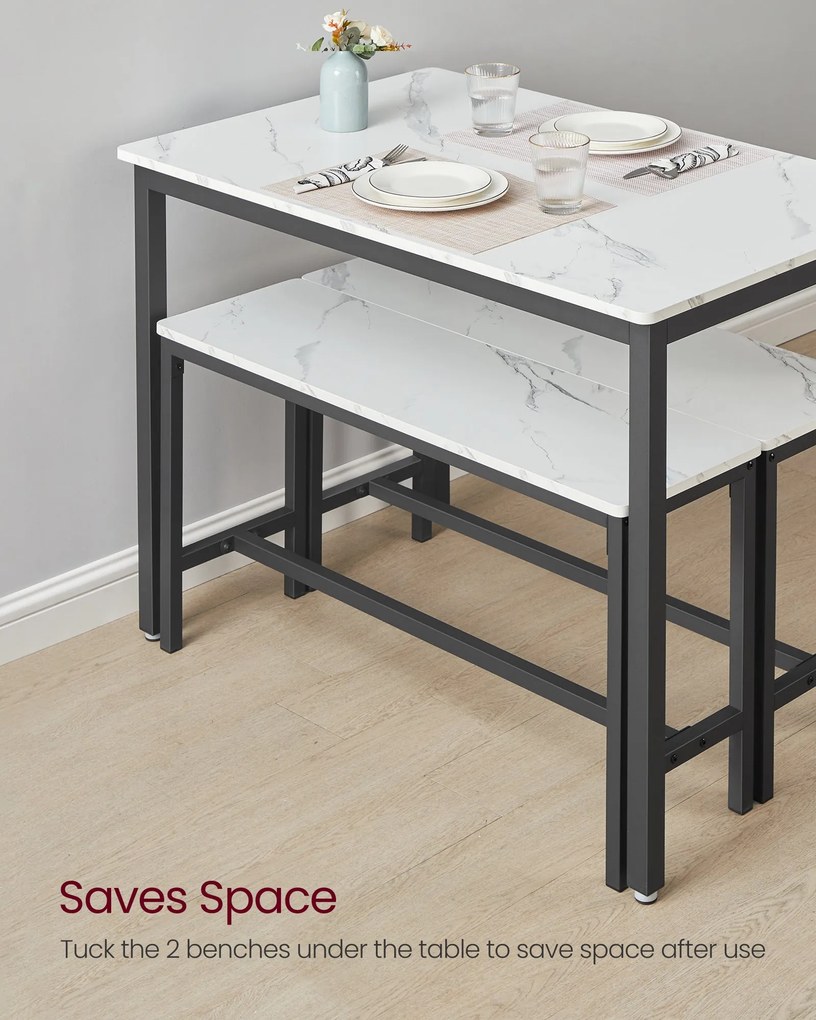 Jedálenský stôl pre 4 osoby, kuchynský stôl s 2 lavicami, 109,6 x 67,6 x 73,5 cm, mramorovo biely