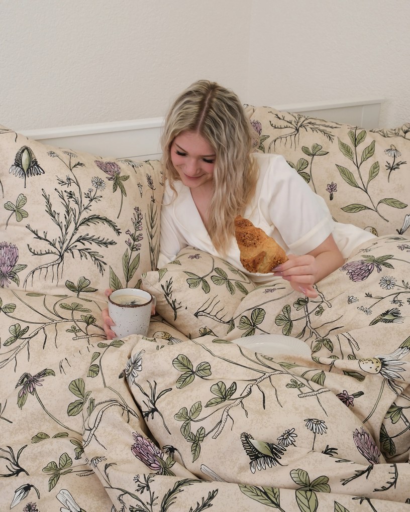 Predĺžené saténové obliečky - Herbár béžový