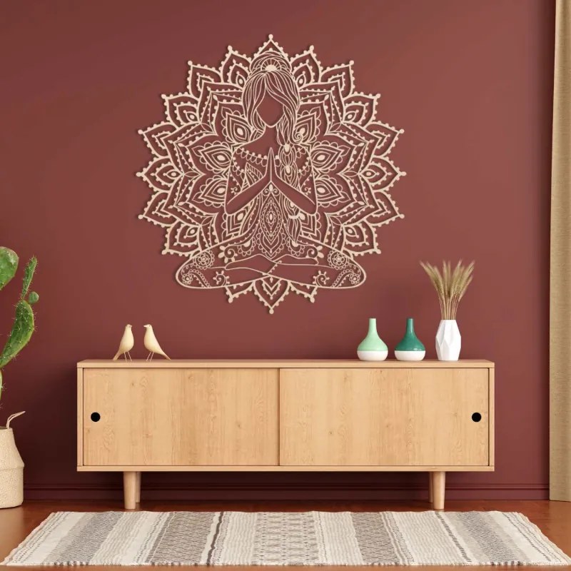 Drevená mandala joga žena – 3D obraz na stenu do obývačky | SENTOP PR0511