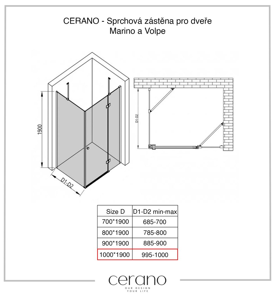 CERANO Cerano, pevná sprchová zástena pre dvere Marino a Volpe 100x190 cm, 6mm číre sklo, čierny profil, CER-CER-420273