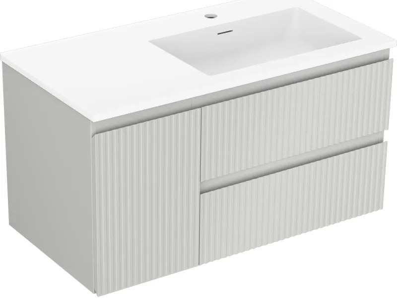 Mexen Rivel, kúpeľňová skrinka 90 cm s pravým umývadlom Otis, 2S, 1D, drážkovaná, sivá matná/biela matná - 91A23-09047-3-BBFFF62-W18P01