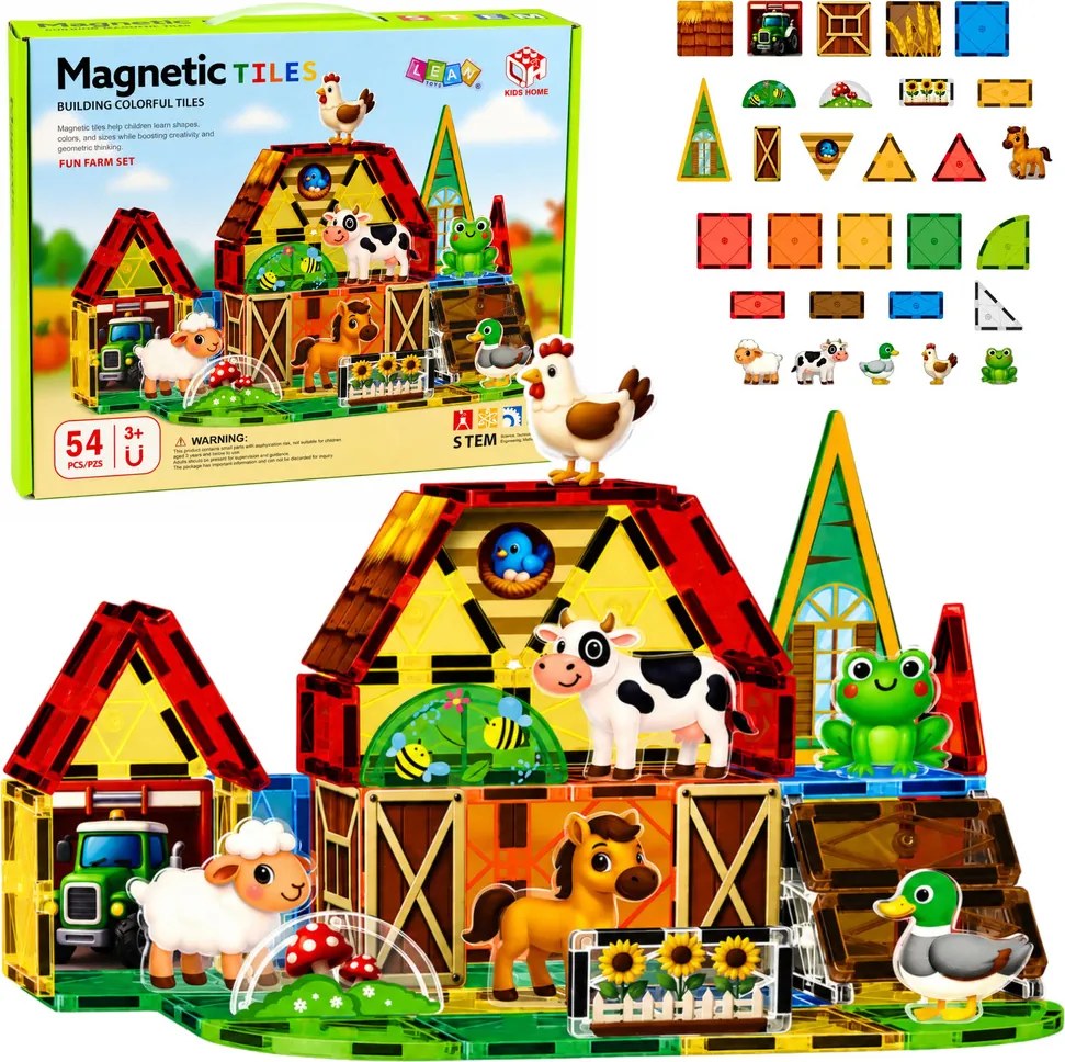 LEAN Toys Magnetické stavebné kocky – domáce a hospodárske zvieratá, farma, 54 ks.
