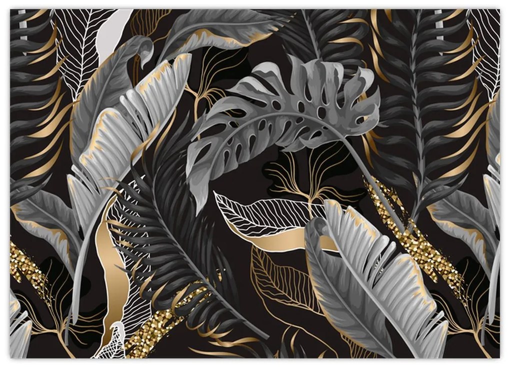 Sklenený obraz - Tropické listy v čierno-zlatej (70x50 cm)