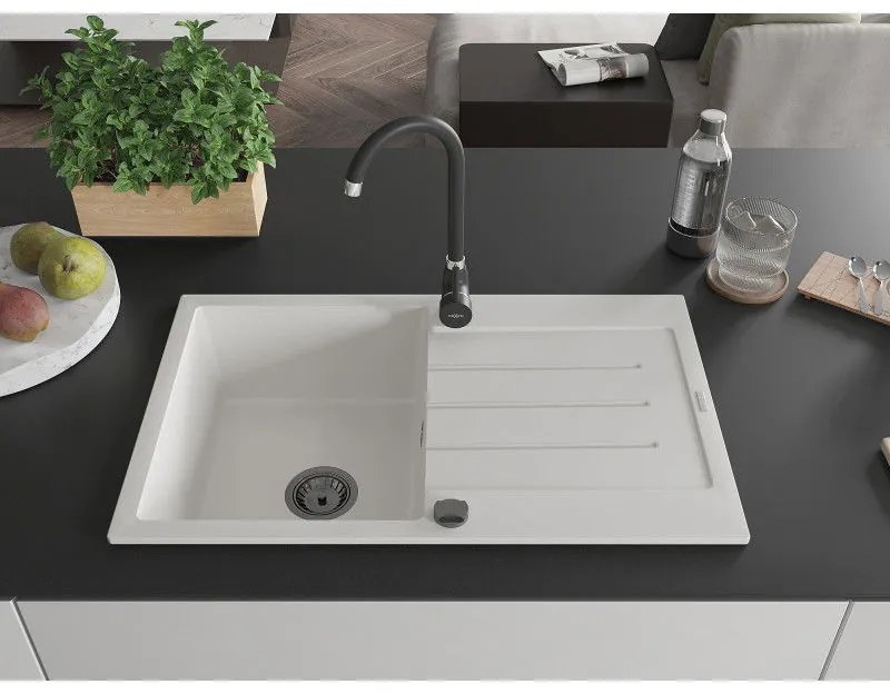 Mexen Bruno, granitový drez 795x495x200 mm, 1-komorový, biela s čiernym sifónom, 6513791010-20-B