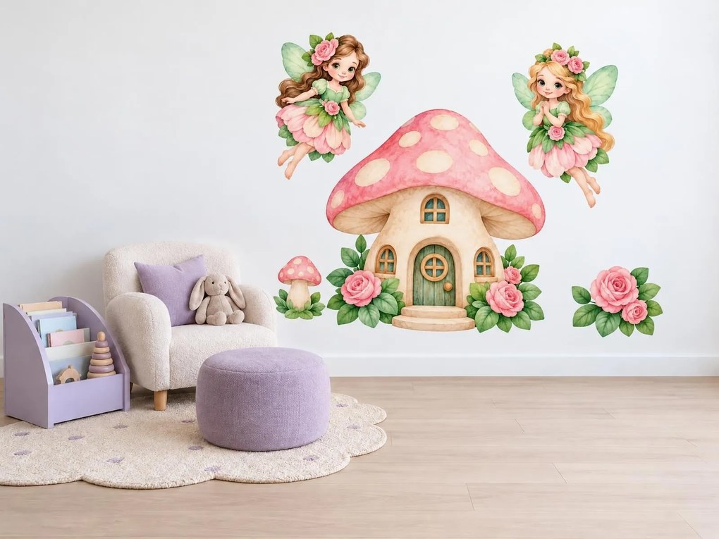 Víly pri hubovom domčeku ružovozelené akvarelové nálepky na stenu pre dievčatká arch 23 x 46 cm